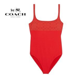 New Coach Signature Logo Red One-Piece Swimsuit w/Storage Bag XS